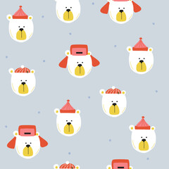 Seamless pattern with polar bear in a red knitted hat. Funny winter print. Vector hand drawn illustration.