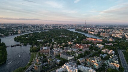 Obraz premium Amazing sunset view over the river in a European city. Drone view