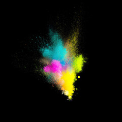 Colored powder explosion isolated on black background. Abstract colored backdrop. Colorful explode.