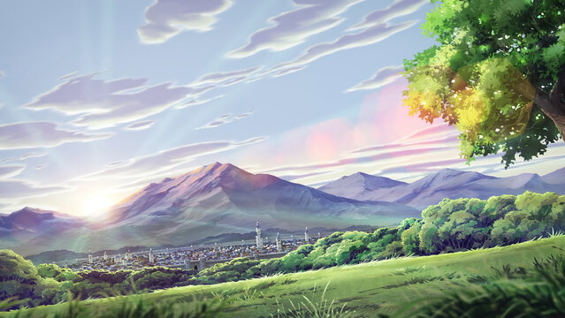 Anime background landscape wallpaper old village, old city, old street.