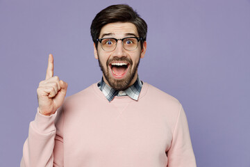 Young insighted proactive caucasian IT man he wearing casual clothes pink sweater glasses holding...