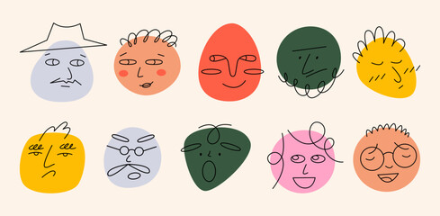 Obraz premium Round abstract comic faces with various emotions set. Crayon drawing style. Different colorful characters. Cartoon style. Flat design. Hand drawn trendy vector illustration isolated on background.