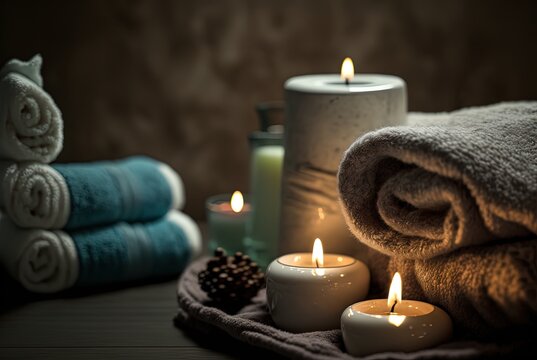 illustration of spa skin care product set decoration, towel candle, oil bottle 