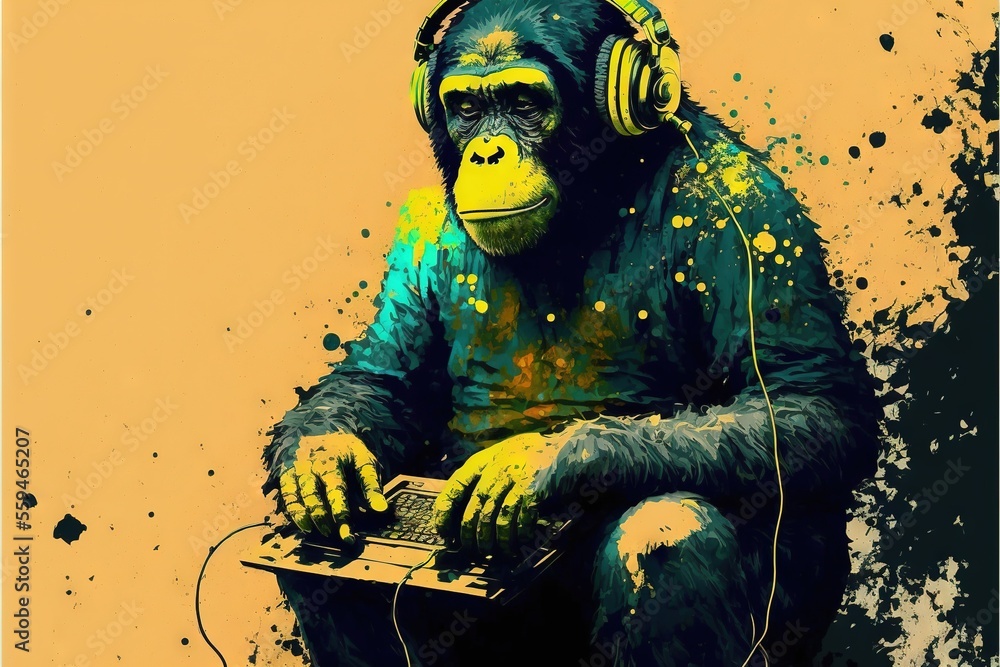 Poster a monkey with headphones sitting on a laptop computer with a laptop on its lap and a yellow backgrou