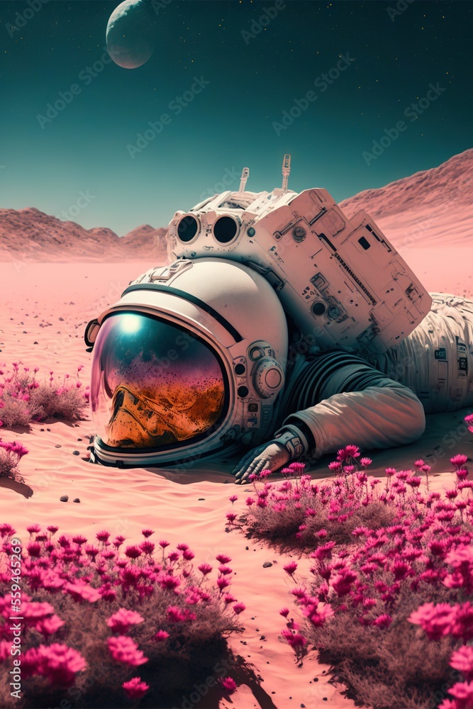 Aufkleber a man in a space suit laying on the ground in a field of flowers with a moon in the background and a