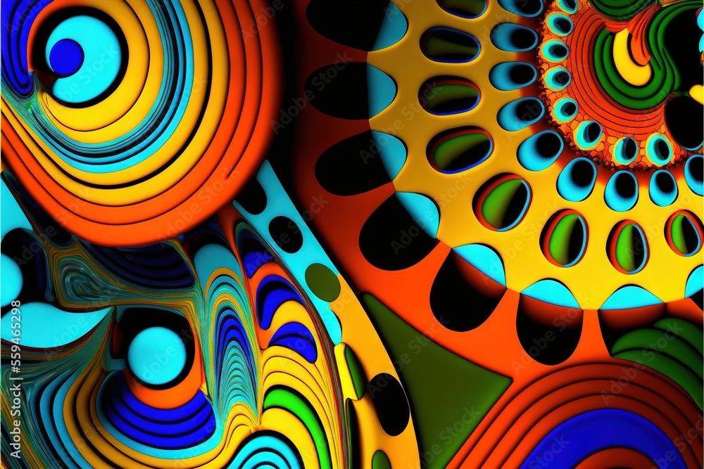 Poster a colorful abstract background with a spiral design in the center of the image and a blue circle in 