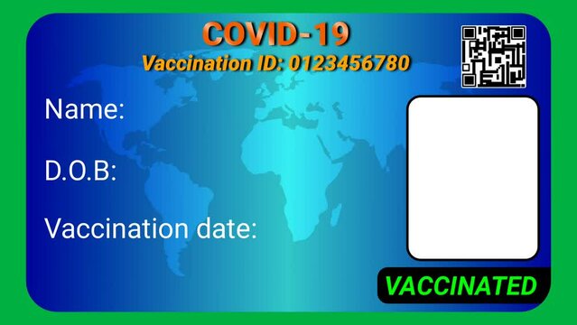 vaccination certificate animation with personal details and photo space.