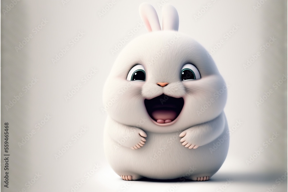 Poster a white bunny is smiling and standing in front of a white background with a white background and a w