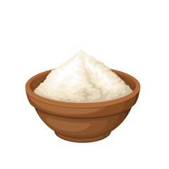 Wheat flour in bowl vector illustration. Cartoon brown cup with natural organic flour for baking bread and cake in bakery or home kitchen, single food ingredient for preparation of pastry recipe