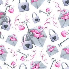 Cute envelopes with pink hearts, gray keys and locks. Watercolor illustration. Seamless pattern on a white background from the VALENTINE's DAY collection. For decoration and design