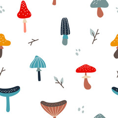 Seamless pattern with colorful mushrooms. Vector