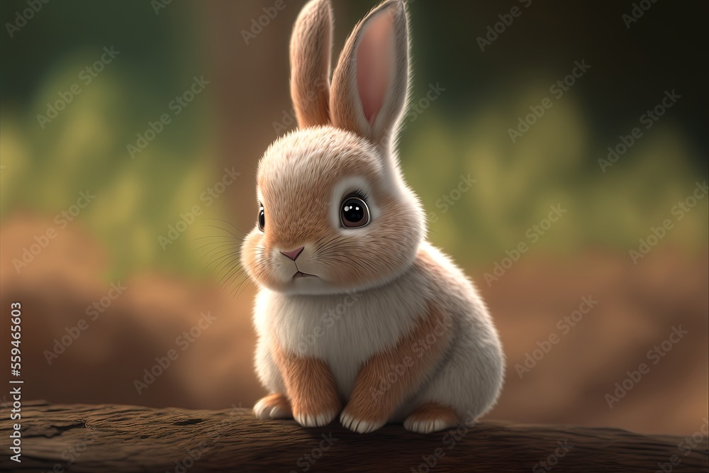 Poster a digital painting of a rabbit sitting on a log looking at the camera with a sad look on its face an
