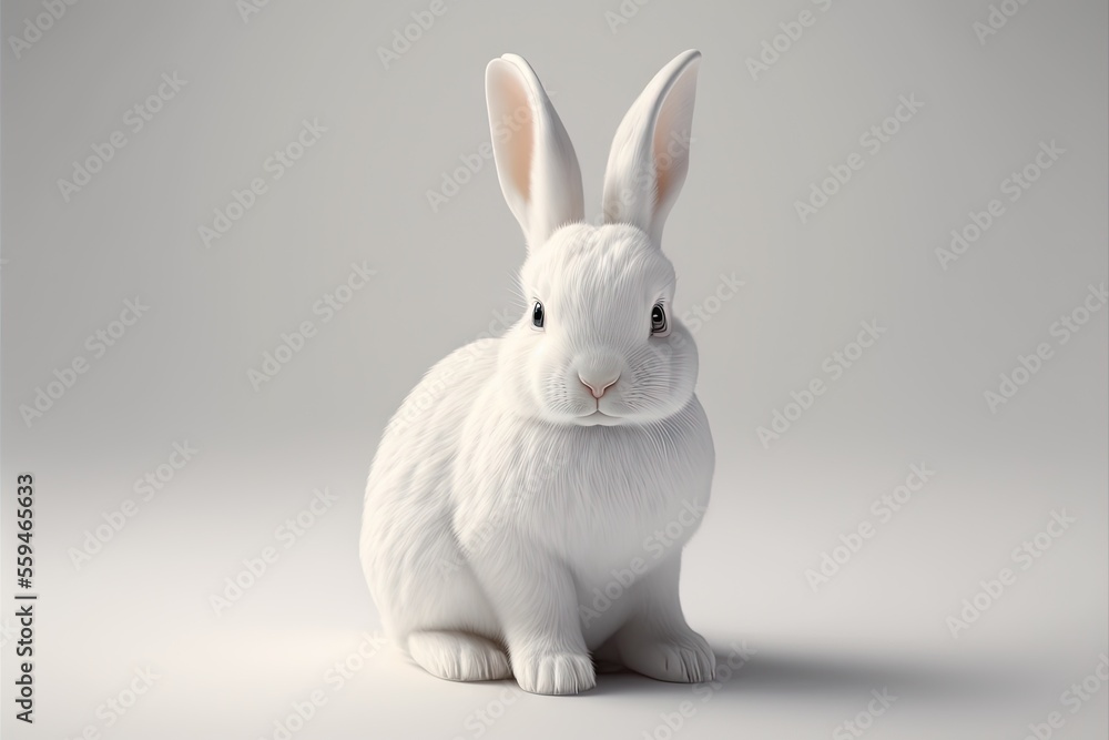 Aufkleber a white rabbit sitting on top of a white floor next to a gray wall and a gray background with a whit
