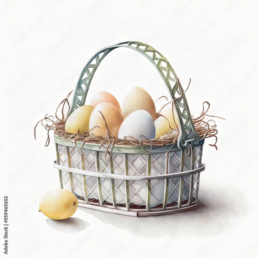 Poster a basket of eggs with a lemon on the side of it and a white background with a yellow line on the sid