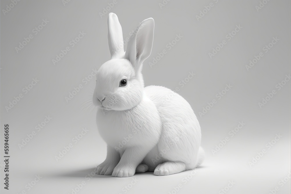 Poster a white rabbit sitting on top of a white floor next to a gray wall and flooring area with a white ba