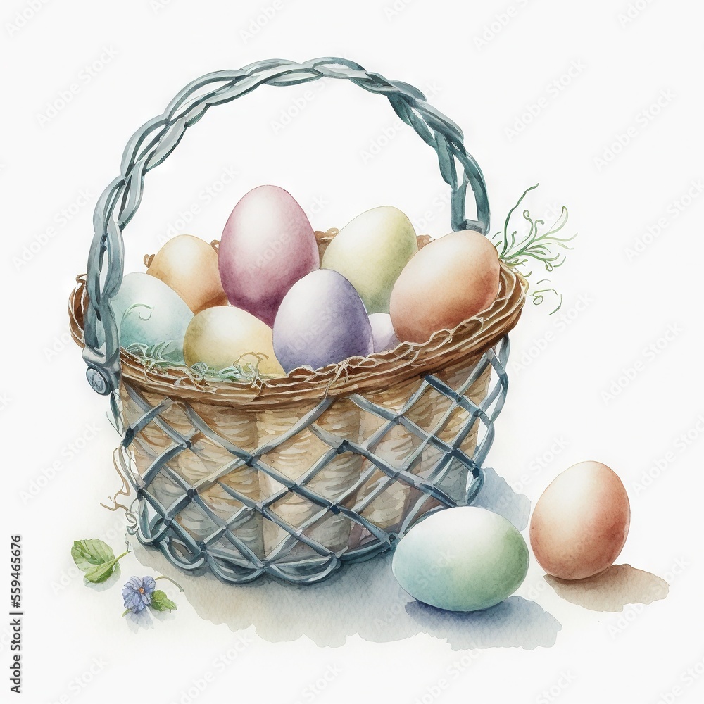Poster a basket of eggs with a few other eggs in it and a flower in the basket next to it on a white backgr
