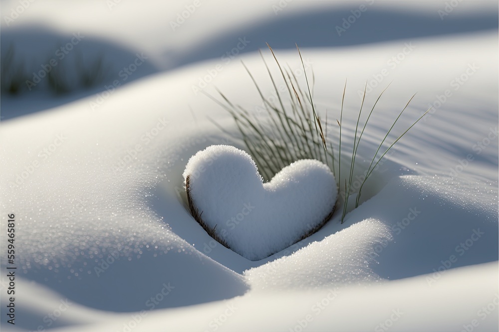 Poster a heart shaped snow covered ground with grass sticking out of it's center and snow on the ground, wi