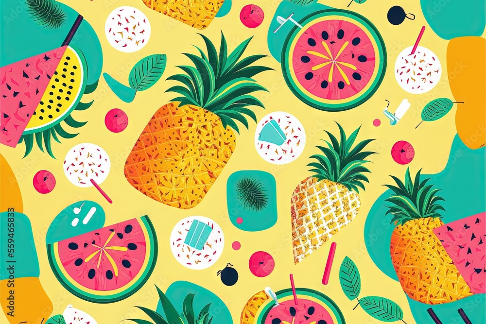 Poster a pattern of pineapples, watermelon, and pineapple slices on a yellow background with a blue and gre