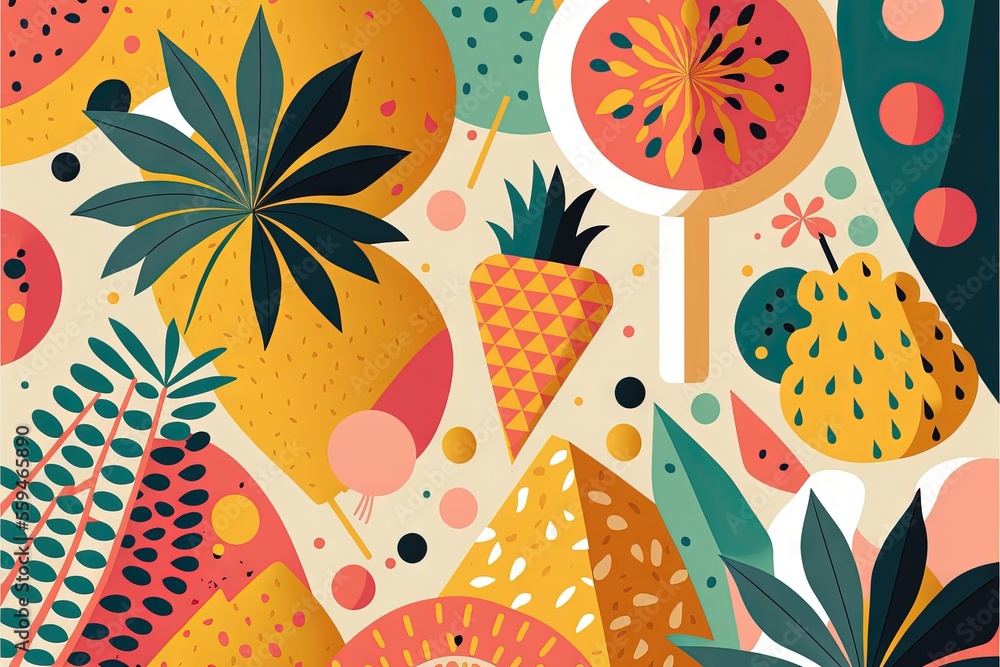 Poster a colorful pattern with fruit and plants on a white background with a black dot in the middle of the