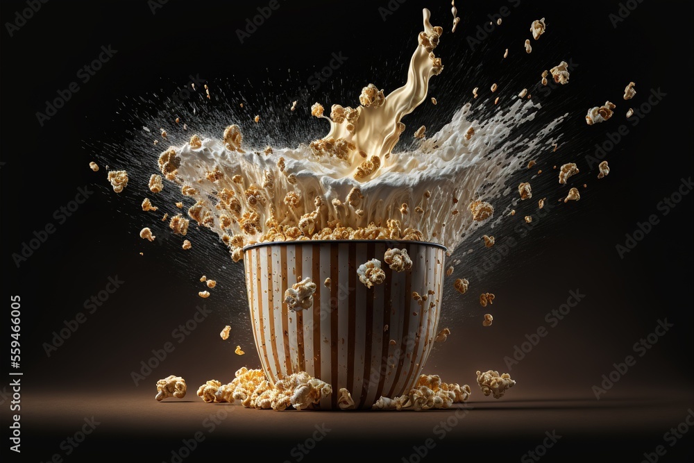 Poster a popcorn bucket with a lot of popcorn falling into it and a splash of milk coming out of it on a bl