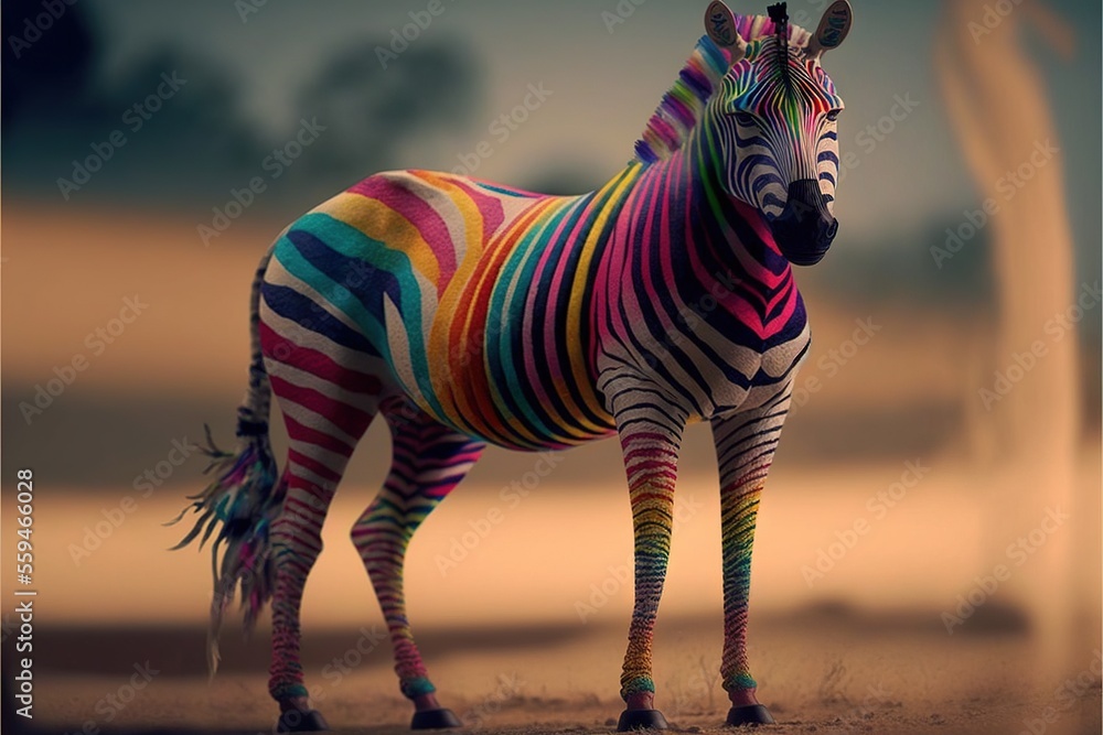 Poster a colorful zebra standing on a sandy beach next to a tree and a body of water in the background with