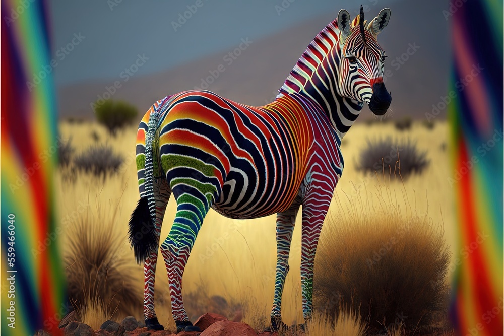 Poster a zebra standing in a field with a rainbow colored background and a sky background with a few clouds