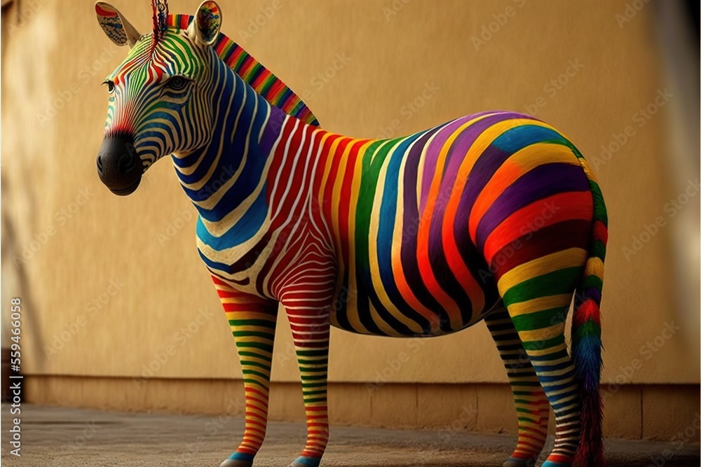 Poster a colorful zebra statue is standing in front of a building with a tan wall behind it and a black nos