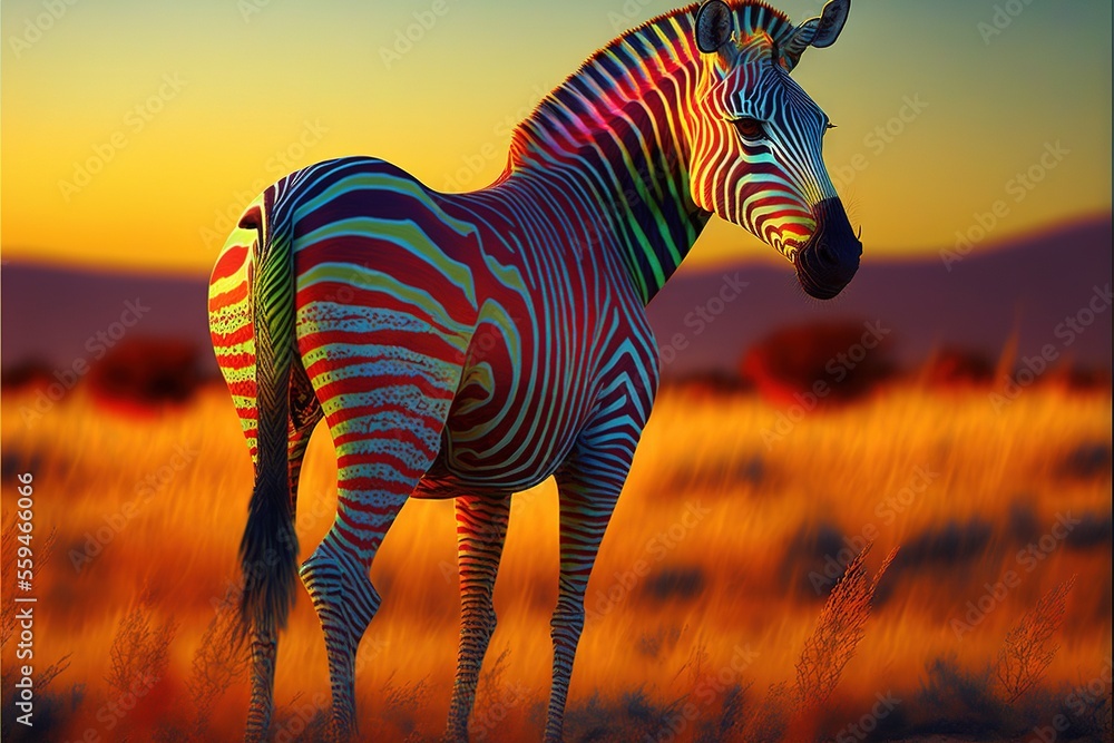 Aufkleber a zebra standing in a field of tall grass at sunset with a sky background and a yellow sky behind it