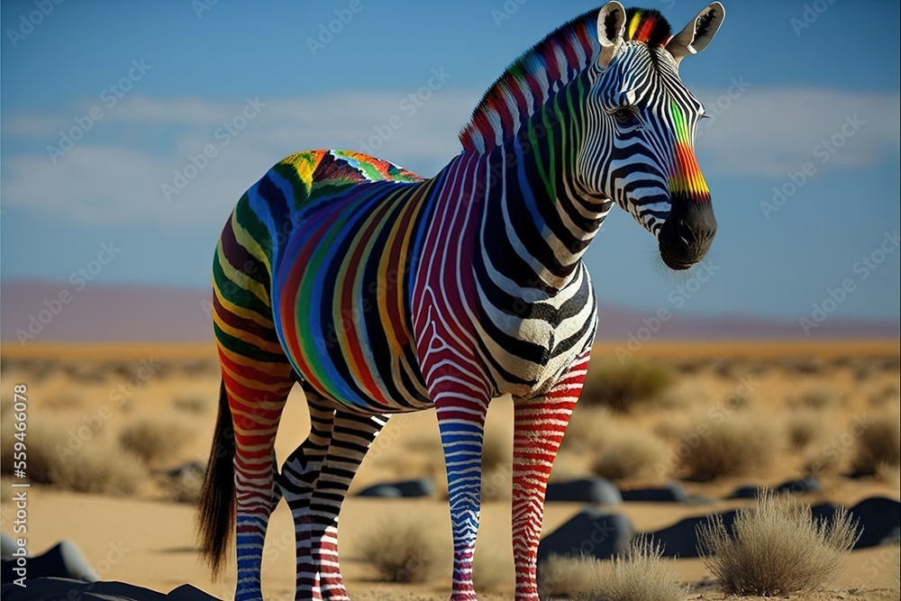 Poster  a zebra standing in the middle of a desert with rocks in the background and a sky background with clouds in the sky above it, and a few bushes and a few bushes in the foreground., generative ai