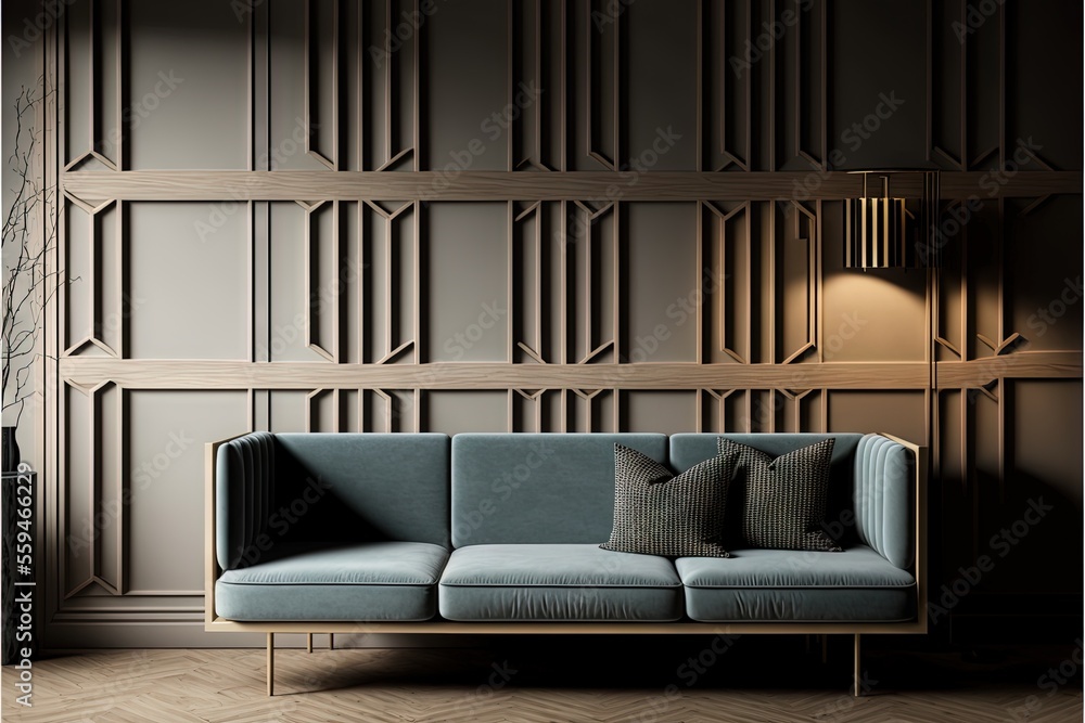 Poster a couch with pillows on it in a room with a wall of wood paneling and a lamp on the side of the couc