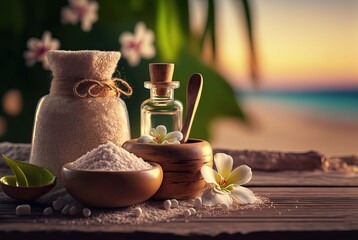 illustration of spa skin care product on wooden table with flower on top and nature island landscape as background