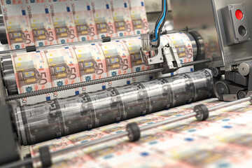 Printing money euro bills on a print machine in typography.. Finance, tax, stock market and investment, making money concept.