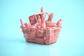 Pink shopping basket with pink food on blue background. Food buyng online and delivery.