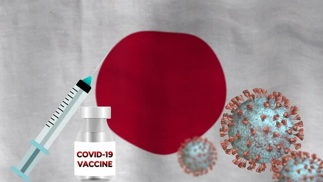 Covid 19 Vaccine On Waving Blur Japan Flag Animation. Concept For Vaccination In National Level, Vaccine Discovery And Health Care.