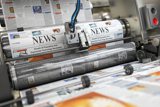 Newspaper or hournal with news printing on a printing machine in a typography.