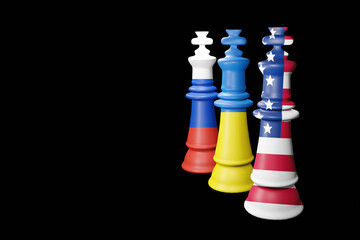 Chess pieces isolated on black background. USA, Ukraine and Russia flags on king figures. 3D render illustration.