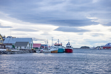 Fototapeta na wymiar Fishing boats at the quay in Brønnøysund, Helgeland, Norway, Europe