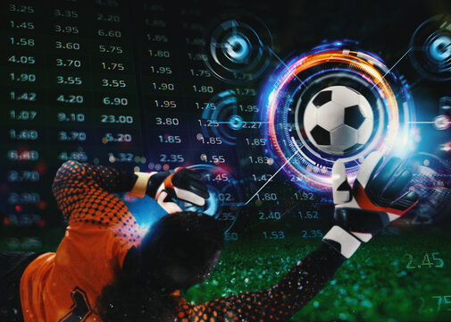 Football goalkeeper with online bet and soccer analytics and statistics background