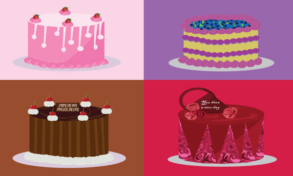 Vector illustrations of 4 delicious looking cakes, strawberry cake, blueberry cake, chocolate cake and red velvet cake suitable for a recipe book or children's book.