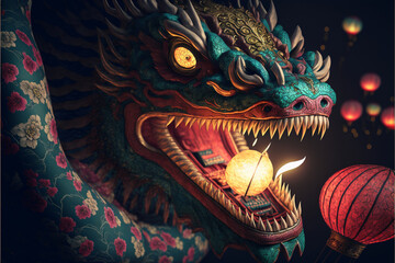 Fototapeta na wymiar Chinese dragon head and flashlight , Chinese new year art, traditional illustration