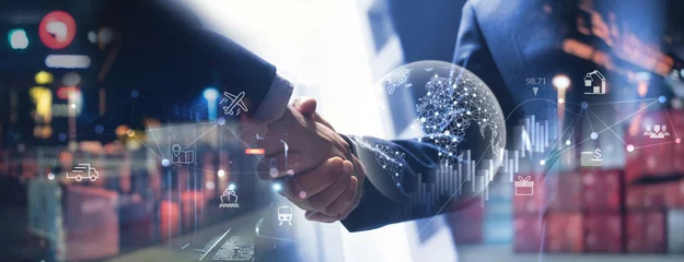 Foto op Plexiglas Smart logistics, Global business concept. Businessman making handshake for successful business, investment deal teamwork and partnership business partners on logistic global network and supply chain © tippapatt