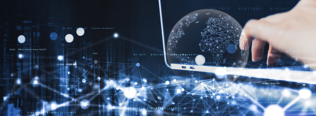 Internet Technology, Global network connection concept. Big data visualization. Social network communication. Person using computer with internet network connection. Global business. Data Exchange