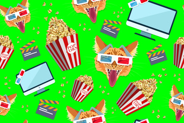 3d cinema, cinema online, home cinema. Seamless background with popcorn, clapperboard, computer and cat in 3d glasses. Screensaver for advertising 3D cinema