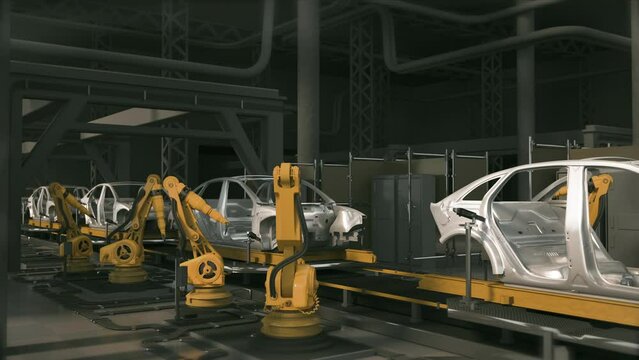 Aerial Car Factory 3D Concept: Automated Robot Arm Assembly Line Manufacturing High-Tech Green Energy Electric Vehicles. Construction, Welding Industrial Production Conveyor
