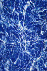 Defocus blurred transparent blue colored clear calm water surface texture with splashes and bubbles. Trendy abstract nature background. Water waves in sunlight with caustics. Blue water shinning 