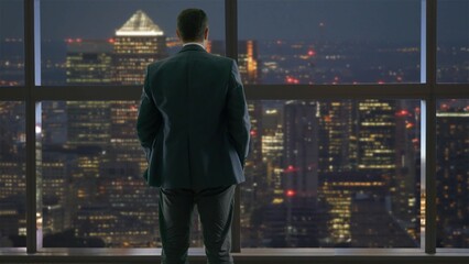 Businessman with hands in the pocket go close to window to admire sky-scraper