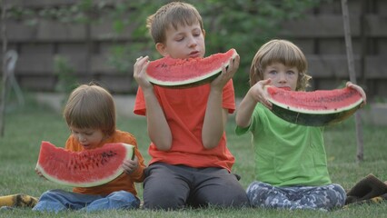Children eat watermelon and play in nature, fresh and tasty, brother love