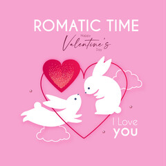 Happy Valentine's day congratulation card template with cute rabbits in love. Expression of tender feelings.