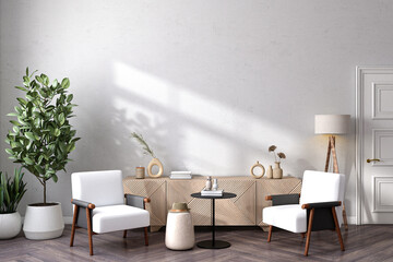 Living room template, bright interior design mock up with armchairs on an empty beige background, 3d render