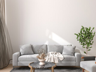 Sofa and plant in living room interior, wall mockup, 3d render